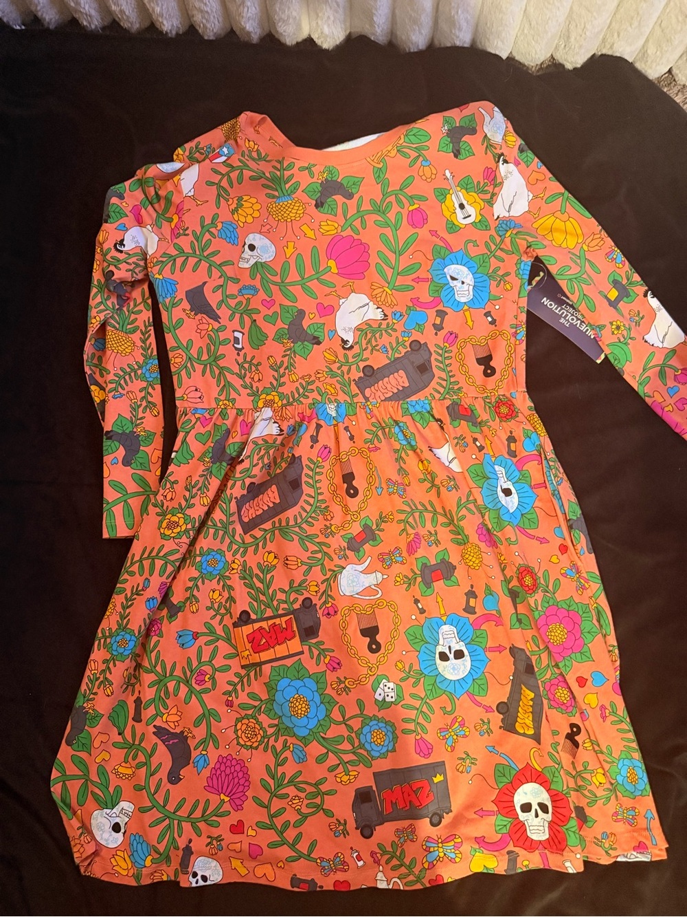Orange Floral & Skull Print Long Sleeve Dress